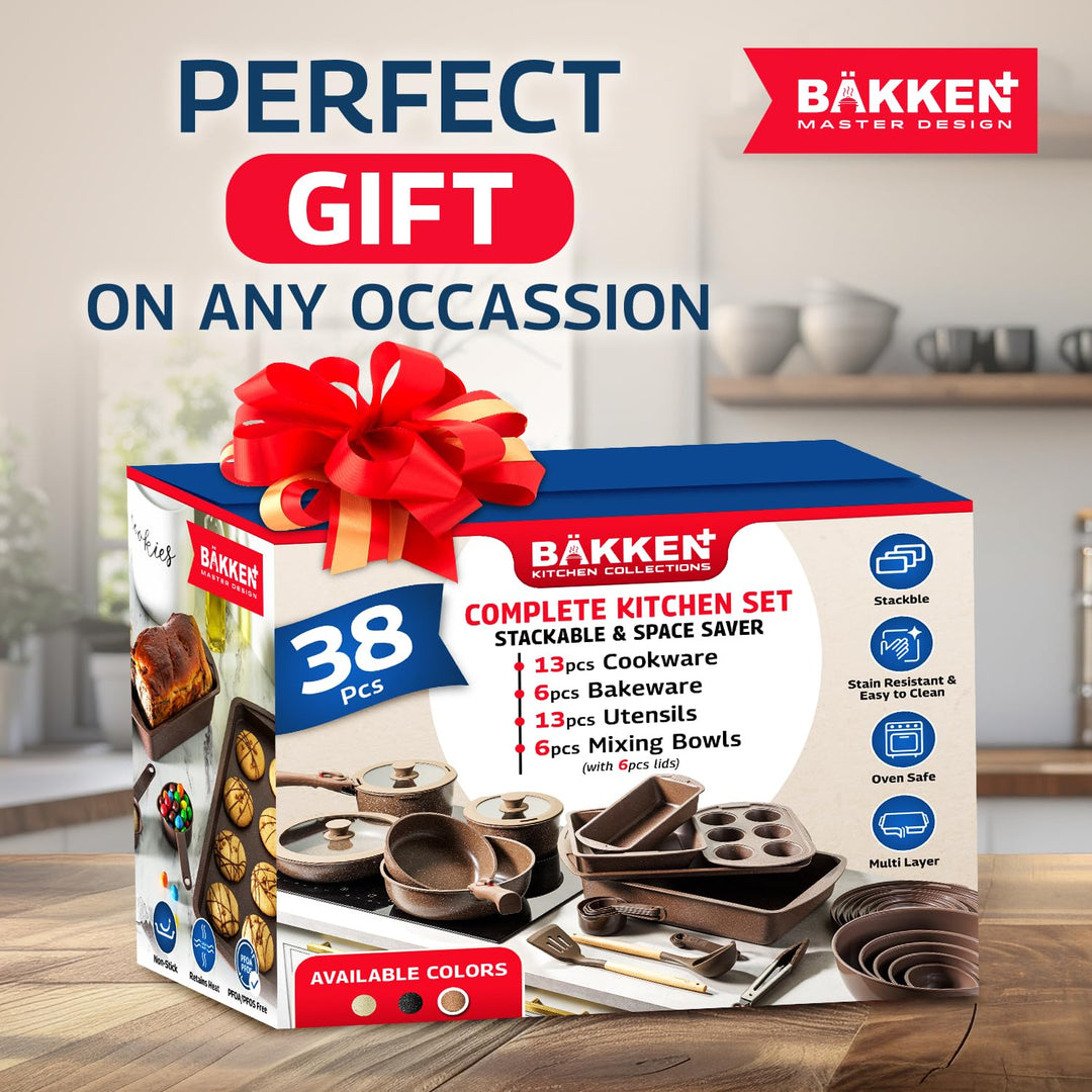 Bakken Master 38 Piece Granite Cookware and Bakeware Set – Nonstick Granite Coating, Pots and Pans with Detachable Handles and Tempered Glass Lids, 6-piece Bakeware set, 12-piece Mixing Bowls,Brown