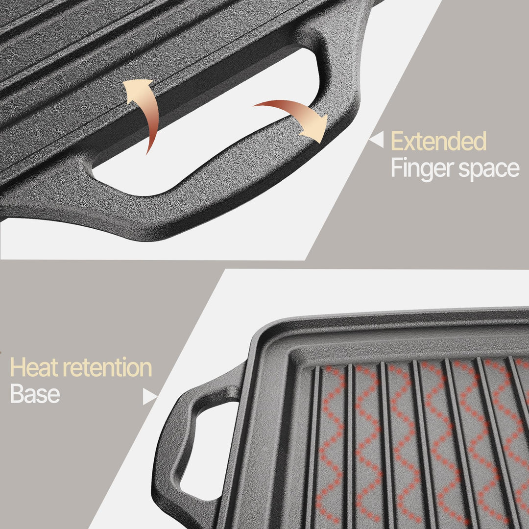 Bakken 19” Reversible Cast Iron Griddle, Flat & Grill Side, Dual Burner Cooking Plate for Pancakes, Meats & Veggies, Pre-Seasoned, Nonstick, Oven & Campfire Safe, Heavy-Duty Griddle Top with Mitt