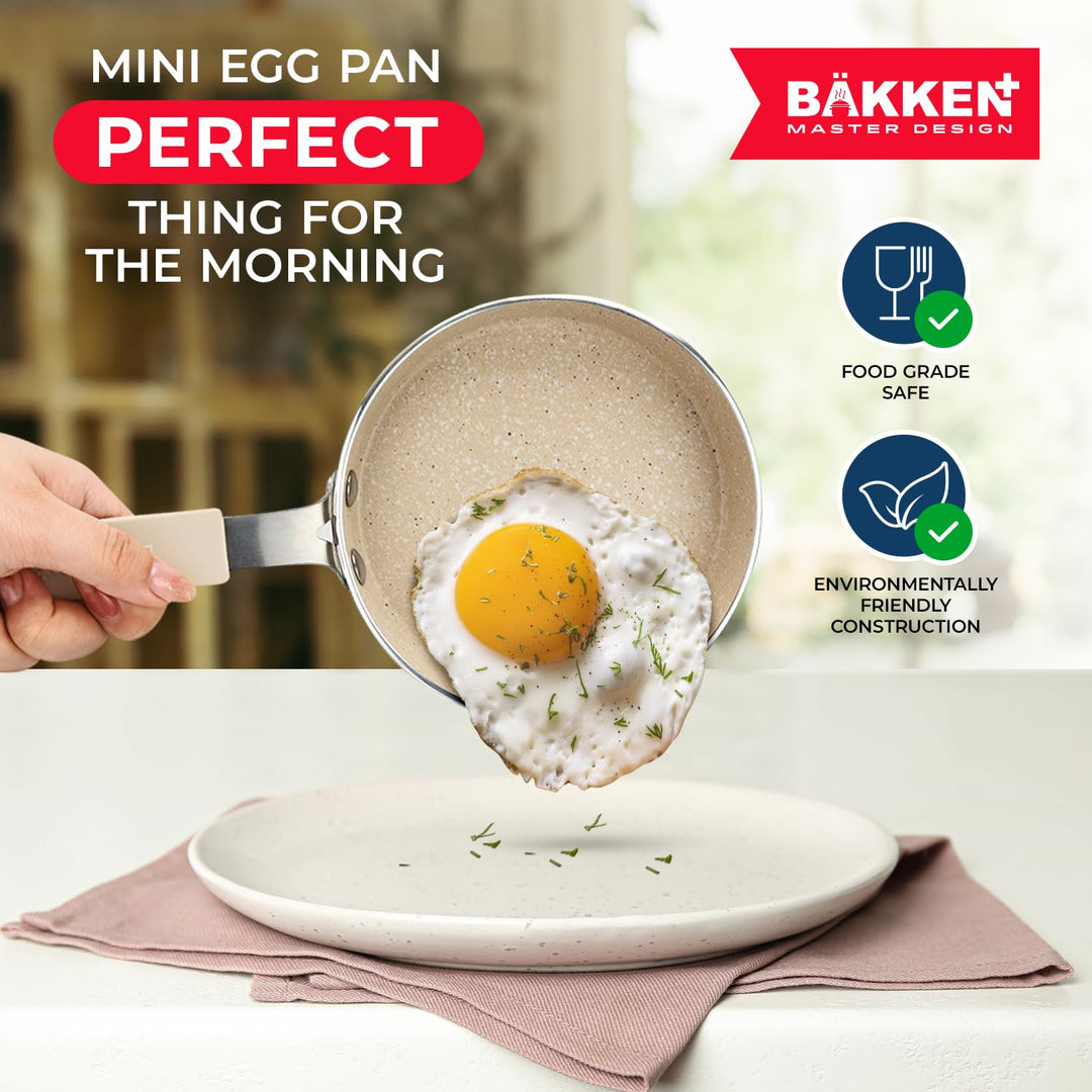 2-Piece Mini Pan Set – 5.5’’ Non-Stick Egg Pan with Spatula, Cool-Touch Handles, Heat-Resistant Up To 400° F, Food-Grade Safe, For Gas, Electric and Ceramic Cooktops, Marble Warm Cream