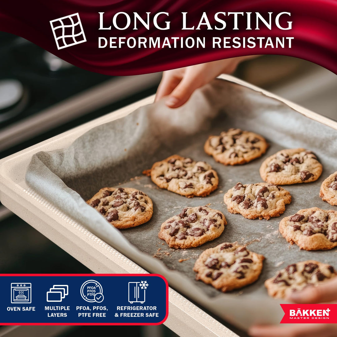 BAKKEN Kitchen Baking Pan - Small, Medium, and Large Cookie Pan (13.58×9.65, 15.75×11, 17.91×12.60), Nonstick, Diamond Texture Bottom, PFOA, PFOS, PTFE Free, Oven Safe (450°F), Pack of 3, White Marble