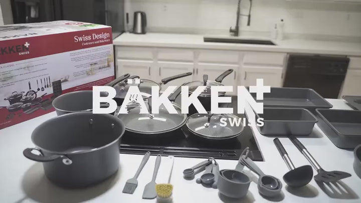 Cookware Set – 23 Piece –Black Multi-Sized Cooking Pots with Lids, Skillet Fry Pans and Bakeware – Reinforced Pressed Aluminum Metal - for Gas, Electric, Ceramic and Induction by Bakkenmaster
