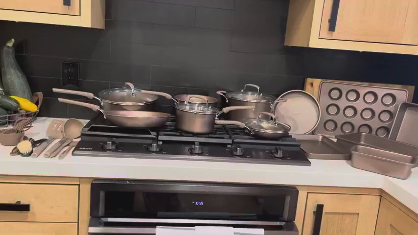 Bakken 23-Piece Cookware & Bakeware Set, Plaid Nonstick, Gold, video 12 of 13
